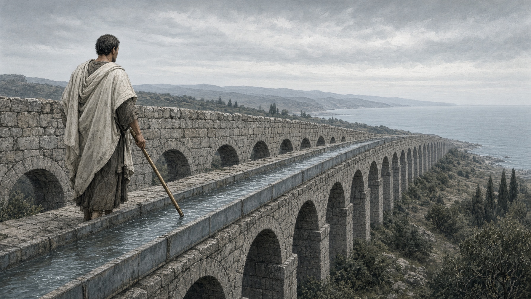Editorial reconstruction of a Roman aqueduct inspector, not a portrait of a living person